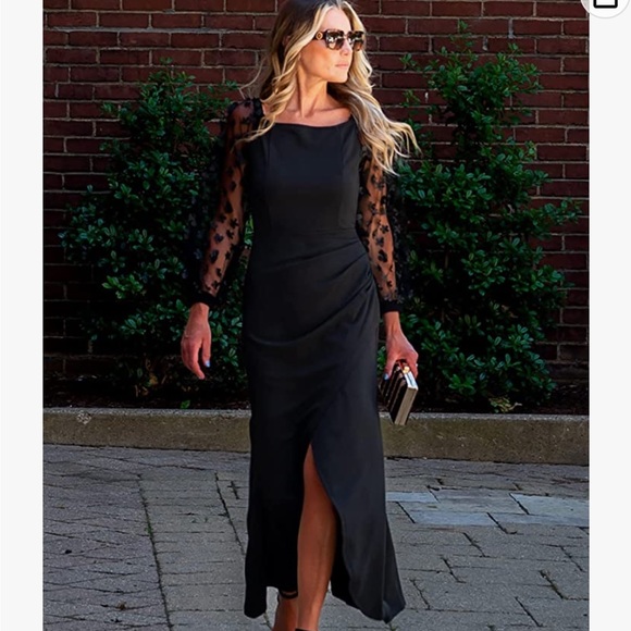 Off Shoulder Sheer Long Sleeve Mesh Ruched Wrap Split Maxi Cocktail Dress - Picture 3 of 3